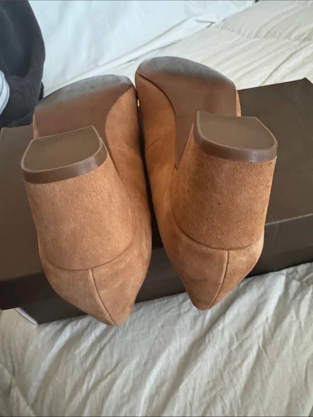 Paolo Tan Suede Mid Block Heel Pumps